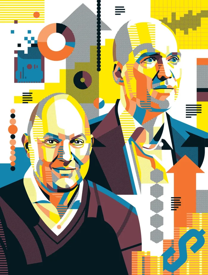 Colorful vector illustration of two men portraits surrounded by abstract data charts and financial graphics by Aleksandar Savic.