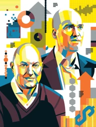 Colorful vector illustration of two men portraits surrounded by abstract data charts and financial graphics by Aleksandar Savic.