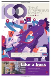 Colorful vector illustration featuring multiple female figures, business graphics, and typographic elements by Aleksandar Savić