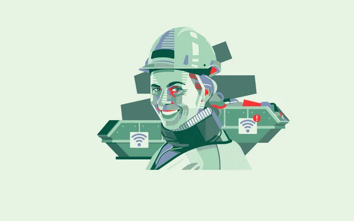 Illustration of a smiling worker wearing a hard hat, rendered in green, grey, and red tones by illustrator Aleksandar Savić.