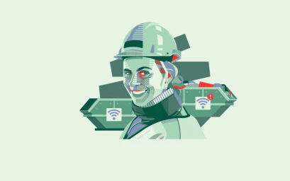 Illustration of a smiling worker wearing a hard hat, rendered in green, grey, and red tones by illustrator Aleksandar Savić.