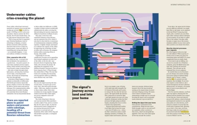 An editorial magazine spread illustration by Aleksandar Savic depicting underwater cables criss-crossing the planet with geometric cityscapes.
