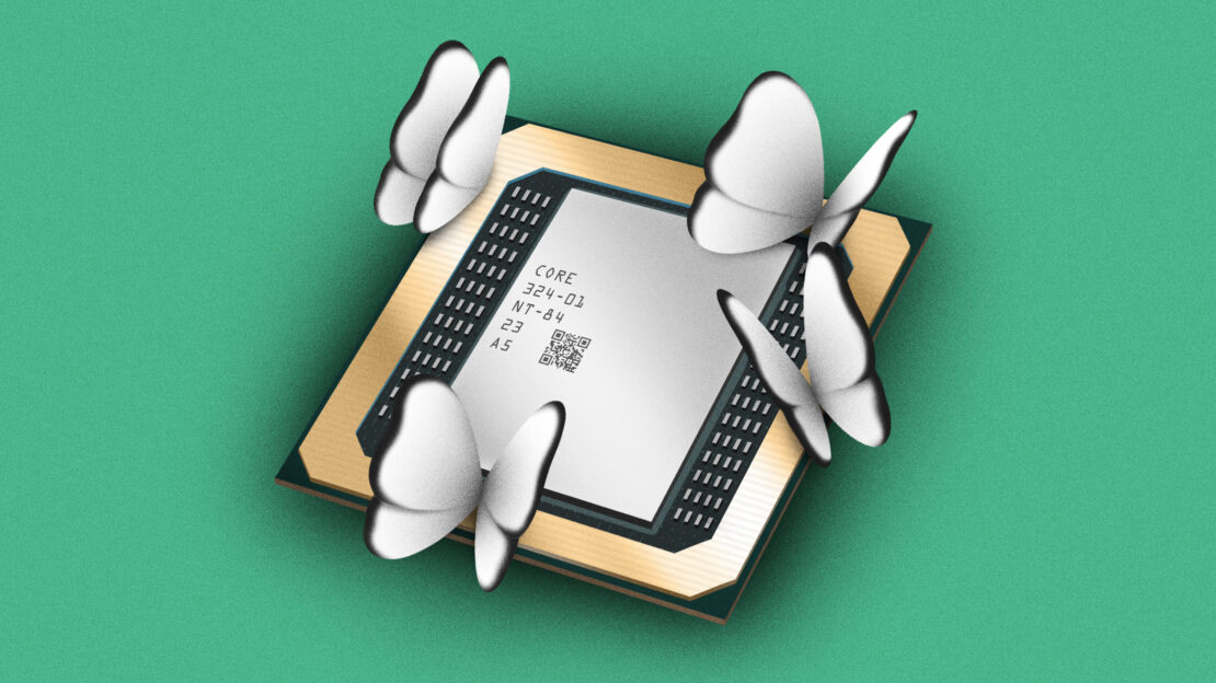 Computer processor chip surrounded by fluttering white butterfly illustrations, set against a solid teal background.