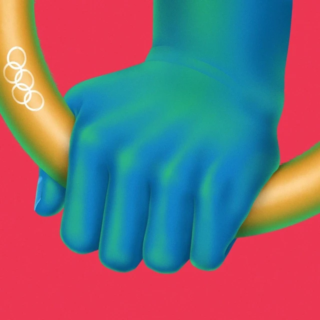 Digital art depicts a hand gripping a gold bar with the Olympic rings tattoo, against a vibrant red backdrop, creating a powerful image.