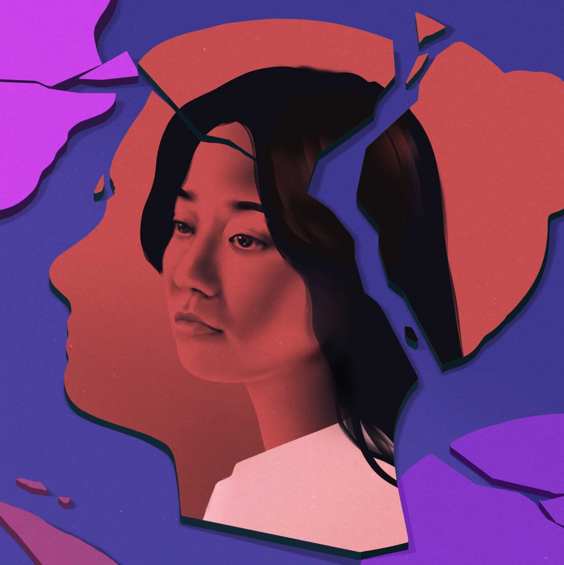 Illustration of a pensive woman's face within a shattered head silhouette, set against a vibrant blue and coral color palette.