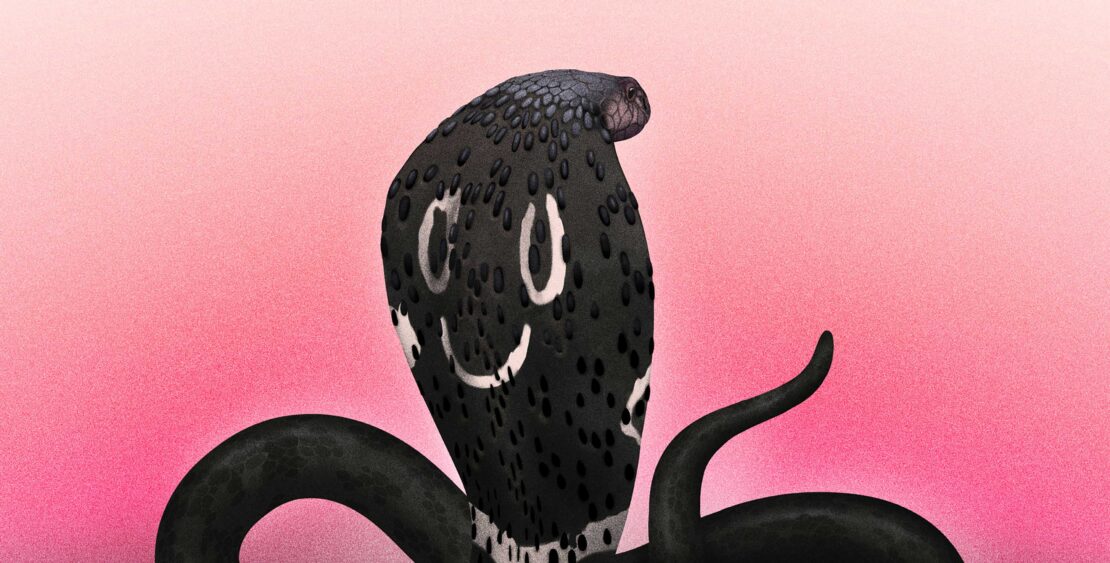 Illustration of a black cartoon cobra with a smiling face and white spots against a gradient pink background.