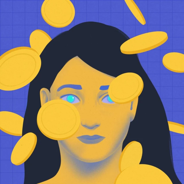 Illustration of a woman's face with coins falling around her head on a blue grid background. The illustration is digitally created.