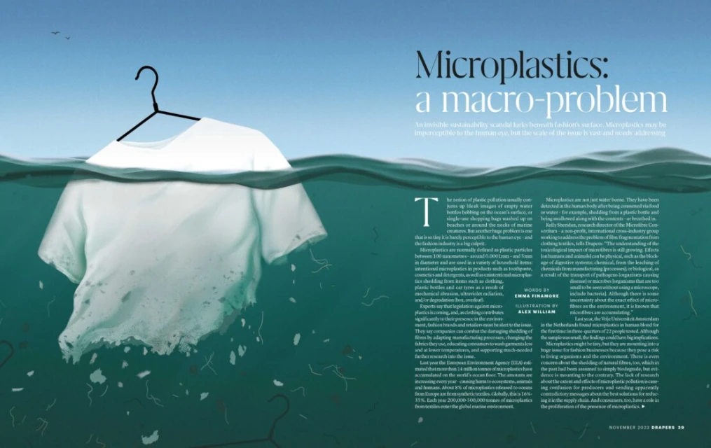 White t-shirt suspended in blue water on a black hanger against a backdrop of text, visually representing marine microplastics pollution.