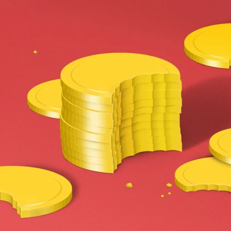 Illustration of a stack of gold coins with a missing bite on a red background creating a financial or business concept. 