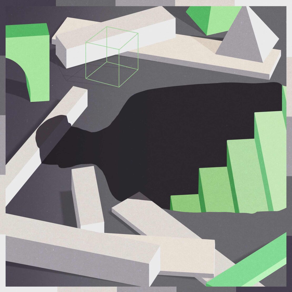 Abstract geometric composition with various shapes in shades of gray, white, and green, including a wireframe cube and block steps.