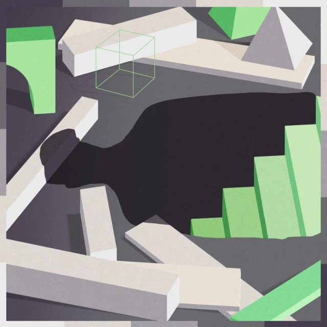Abstract geometric composition with various shapes in shades of gray, white, and green, including a wireframe cube and block steps.