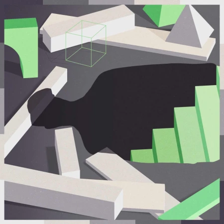 Abstract geometric composition with various shapes in shades of gray, white, and green, including a wireframe cube and block steps.