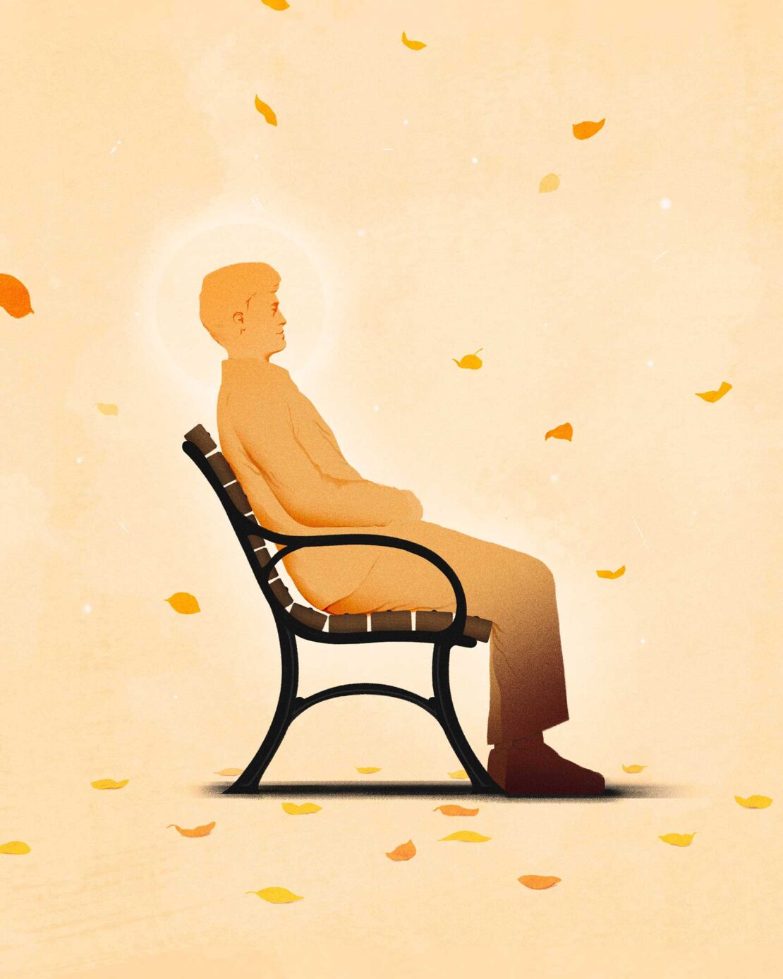 Illustration of a man sitting on a park bench under falling autumn leaves, side view, with a sunlit glow. Aesthetic and serene.