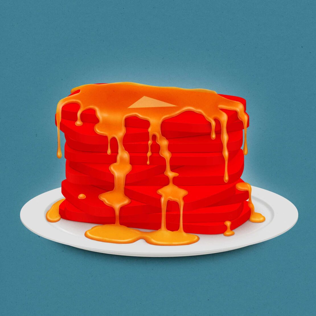Illustration of a stack of square red pancakes topped with a golden-brown syrup, presented on a white plate against a blue background.