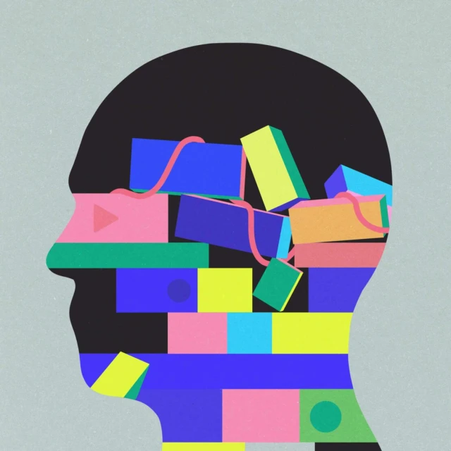 Stylized side-profile of a head filled with colorful geometric shapes and a winding red string, set against a light grey backdrop.