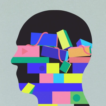 Stylized side-profile of a head filled with colorful geometric shapes and a winding red string, set against a light grey backdrop.