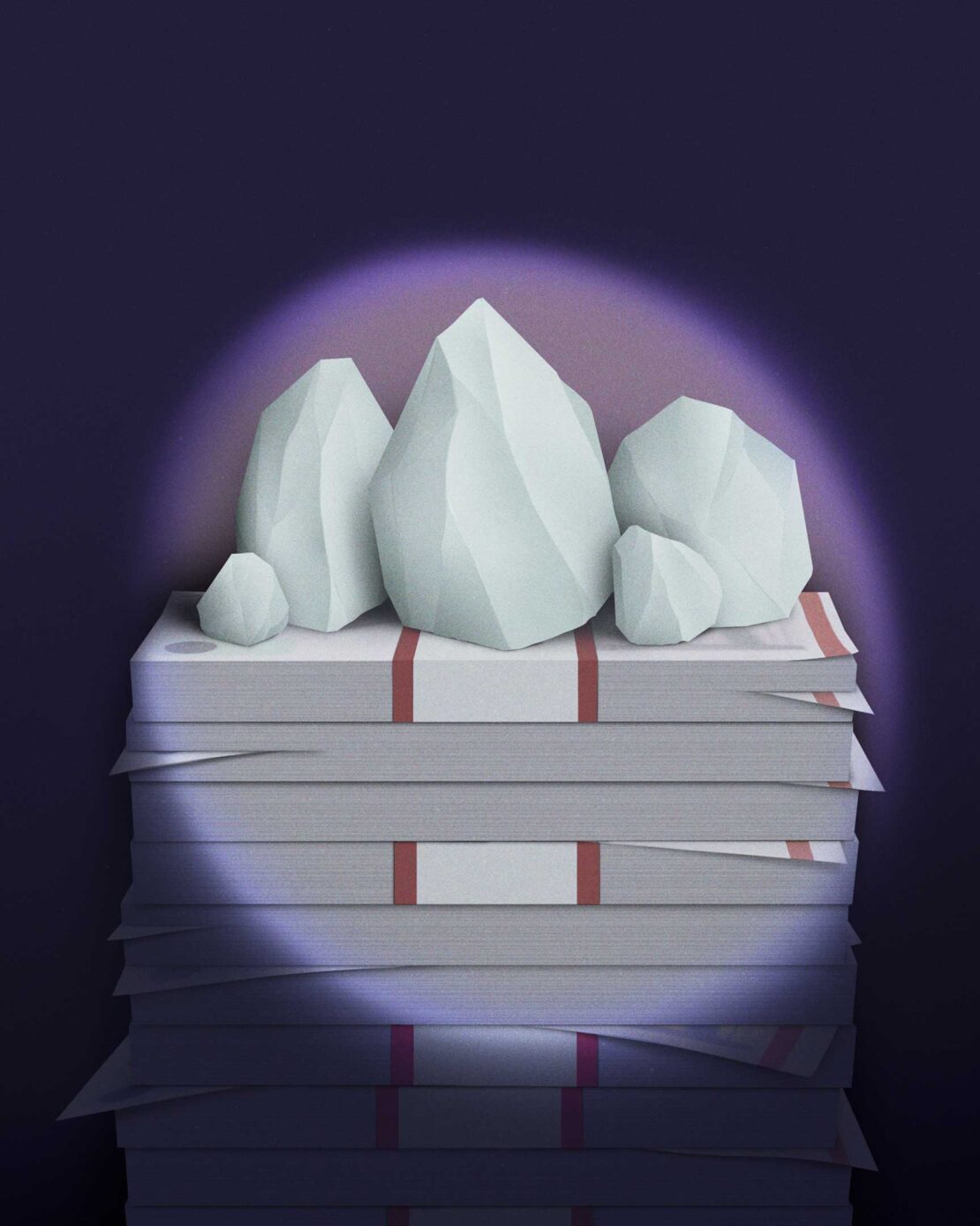 Illustration of a stack of money topped with crystals, rendered with soft lighting and a purple background suggesting luxury.