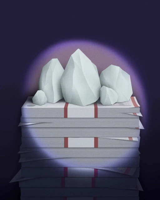 Illustration of a stack of money topped with crystals, rendered with soft lighting and a purple background suggesting luxury.