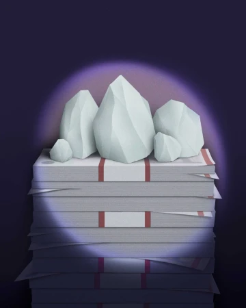 Illustration of a stack of money topped with crystals, rendered with soft lighting and a purple background suggesting luxury.