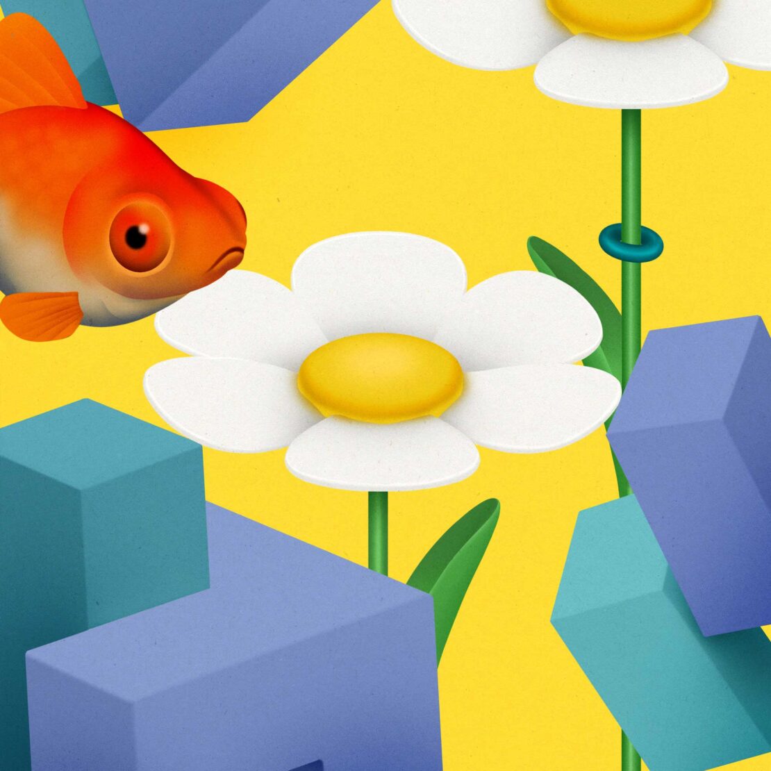 Vibrant digital art featuring a goldfish swimming near white daisy flowers and geometric blue blocks against a bright yellow backdrop.