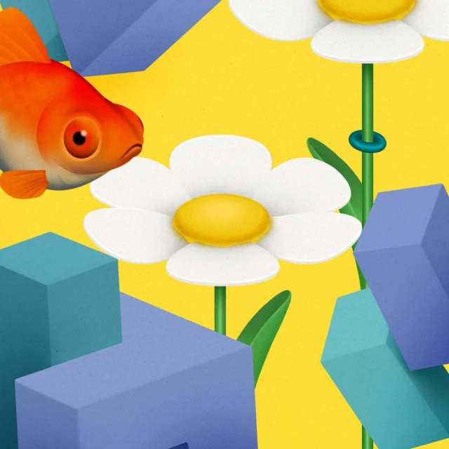 Vibrant digital art featuring a goldfish swimming near white daisy flowers and geometric blue blocks against a bright yellow backdrop.