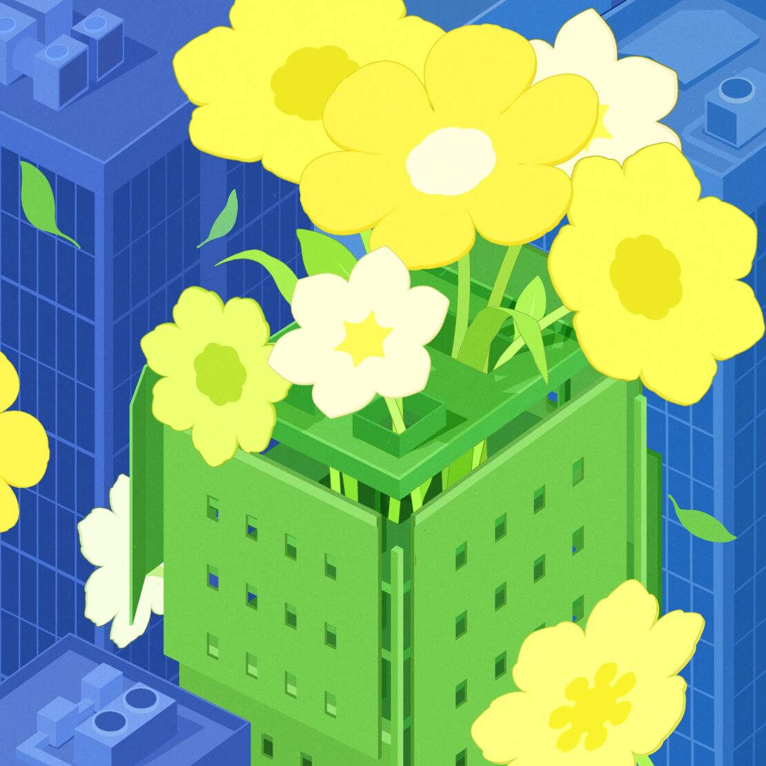 Illustration of a green building covered in yellow and white flowers, set against a blue cityscape, rendered in an isometric style.