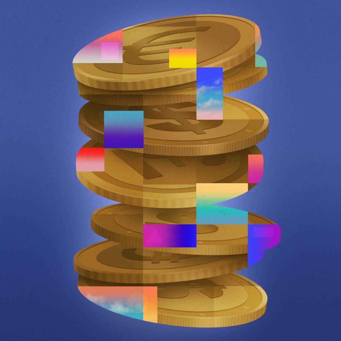 Abstract stack of gold coins with colorful pixelated squares over blue background, visualising digital currency and modern finance.