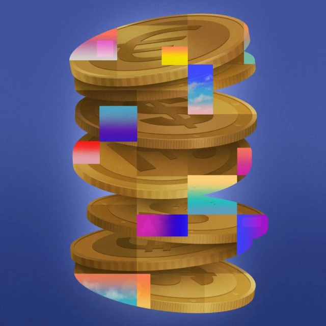 Abstract stack of gold coins with colorful pixelated squares over blue background, visualising digital currency and modern finance.