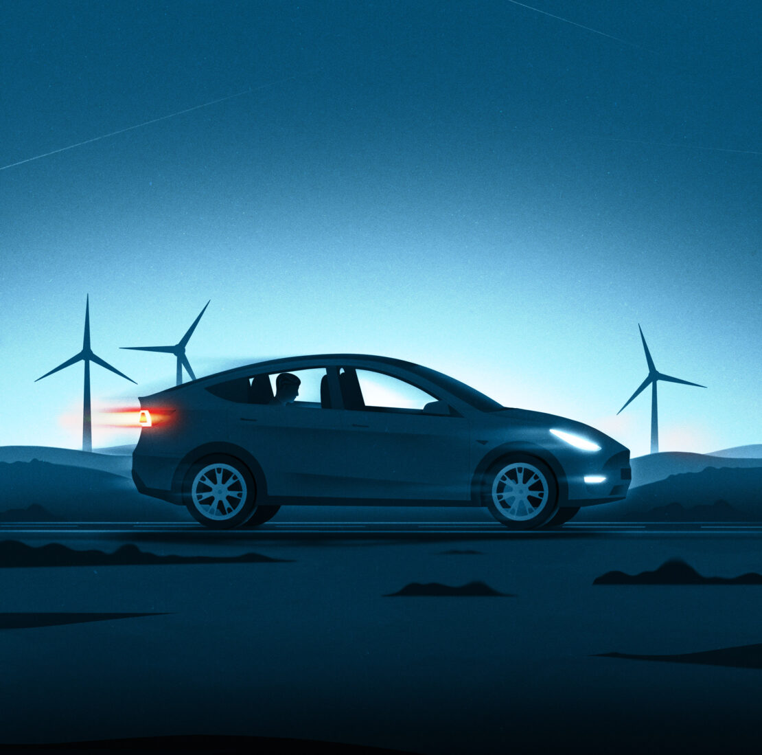Illustration of a dark blue Tesla car driving on a road with wind turbines in the background under a dark blue sky.