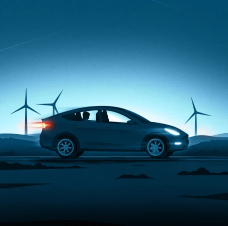 Illustration of a dark blue Tesla car driving on a road with wind turbines in the background under a dark blue sky.