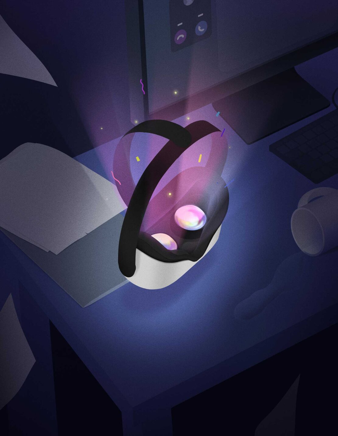 Illustration of a black and white virtual reality headset on a desk with papers and a computer monitor in a dimly lit interior setting.