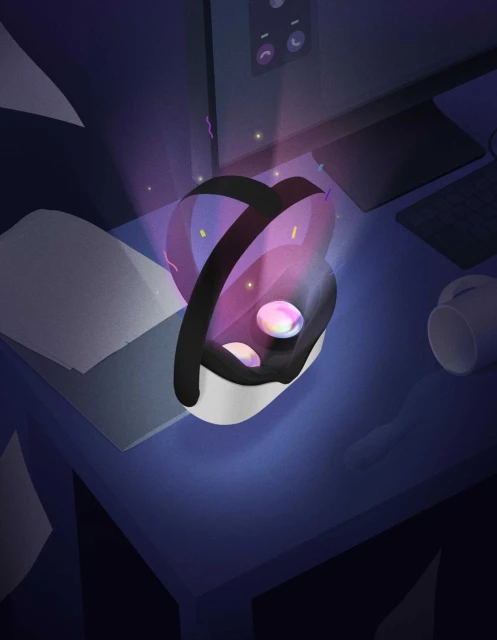 Illustration of a black and white virtual reality headset on a desk with papers and a computer monitor in a dimly lit interior setting.