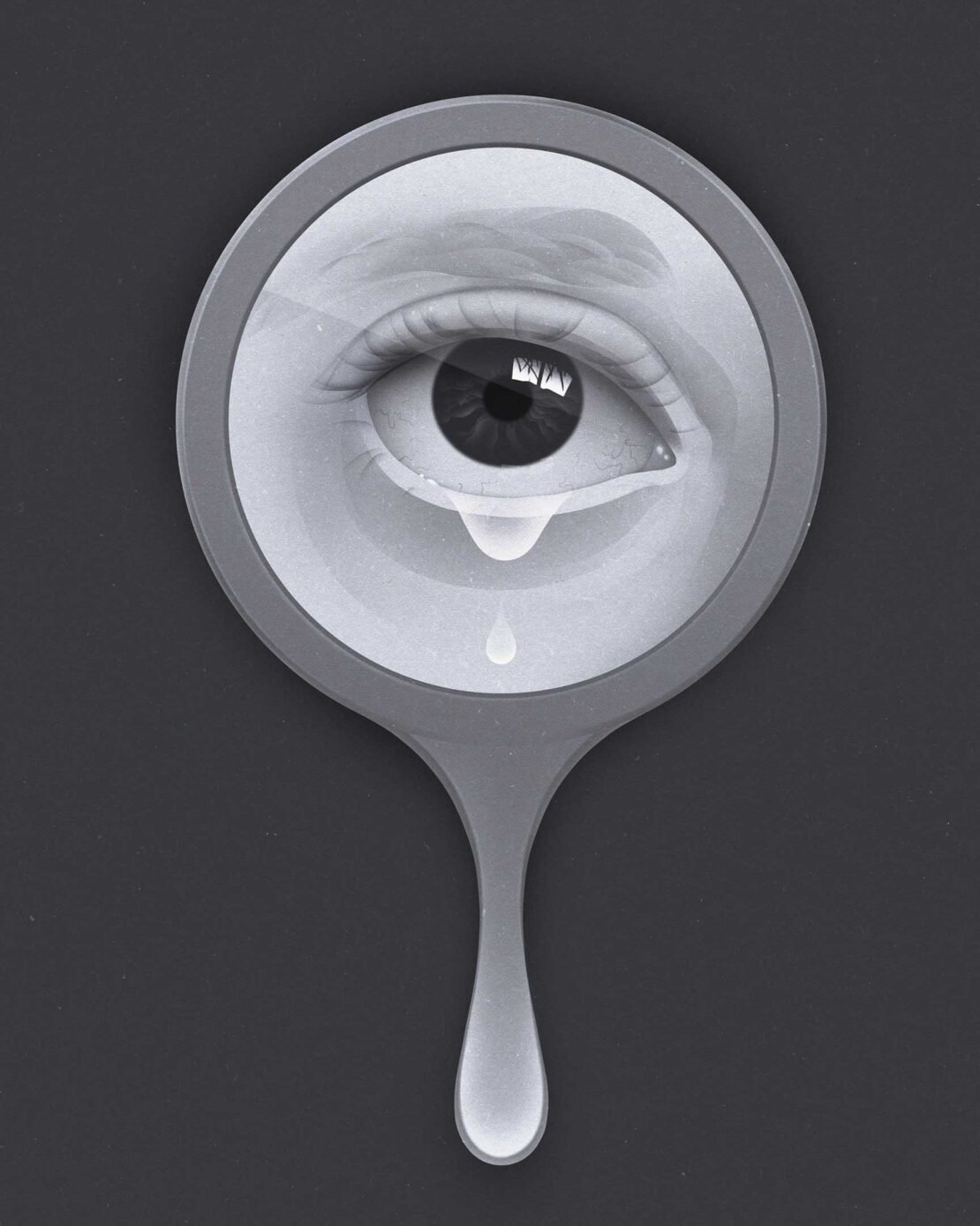 Surreal eye with tear drops reflecting in a handheld mirror against a dark background in a visually striking art piece.
