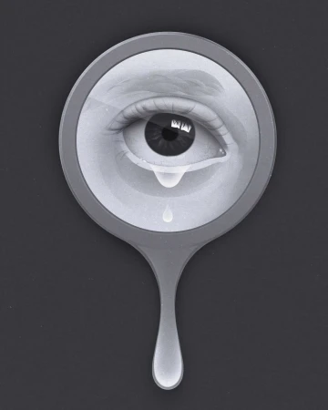 Surreal eye with tear drops reflecting in a handheld mirror against a dark background in a visually striking art piece.