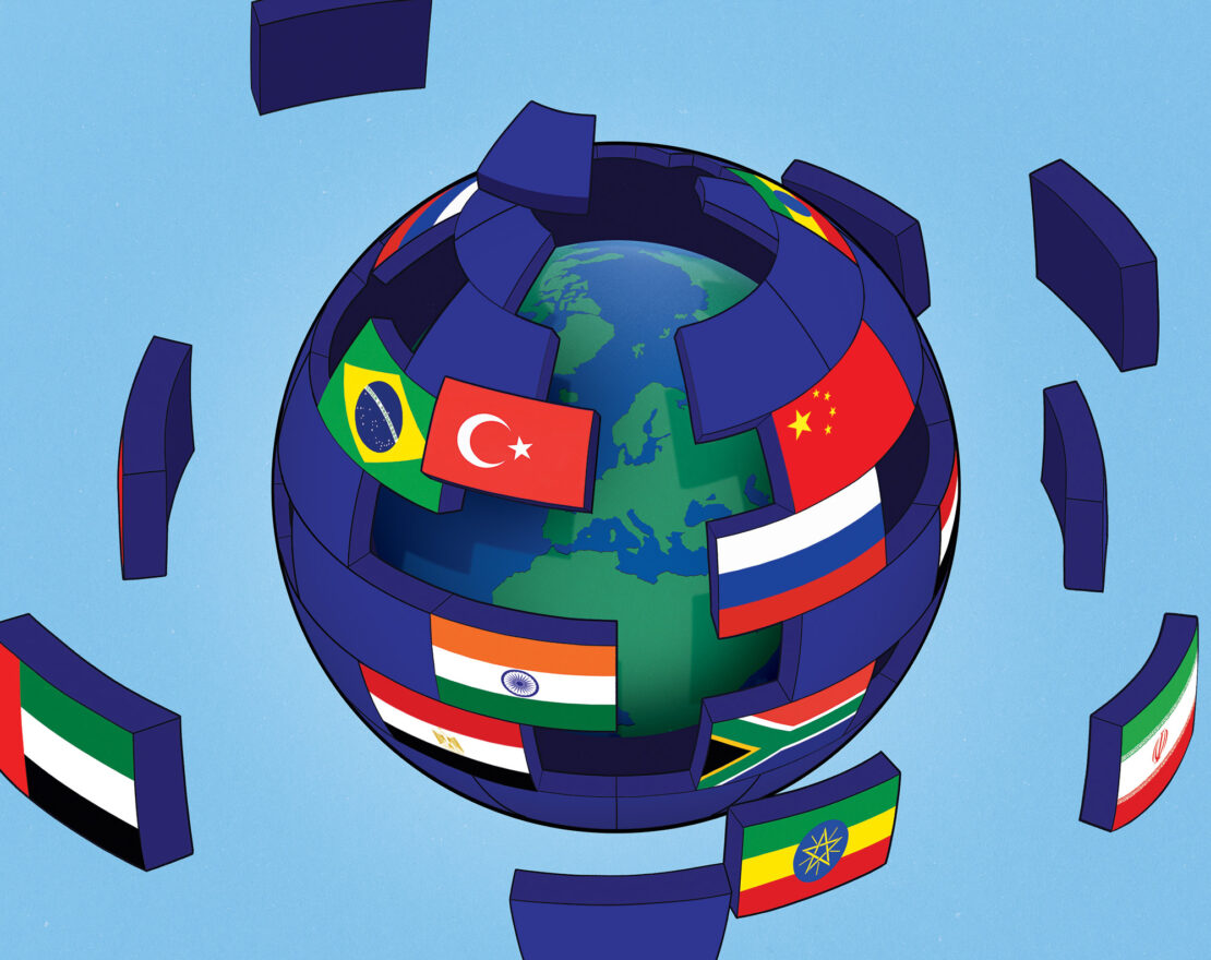 Illustration of the Earth surrounded by flags from various countries including Brazil, China, and South Africa, set against a blue backdrop.