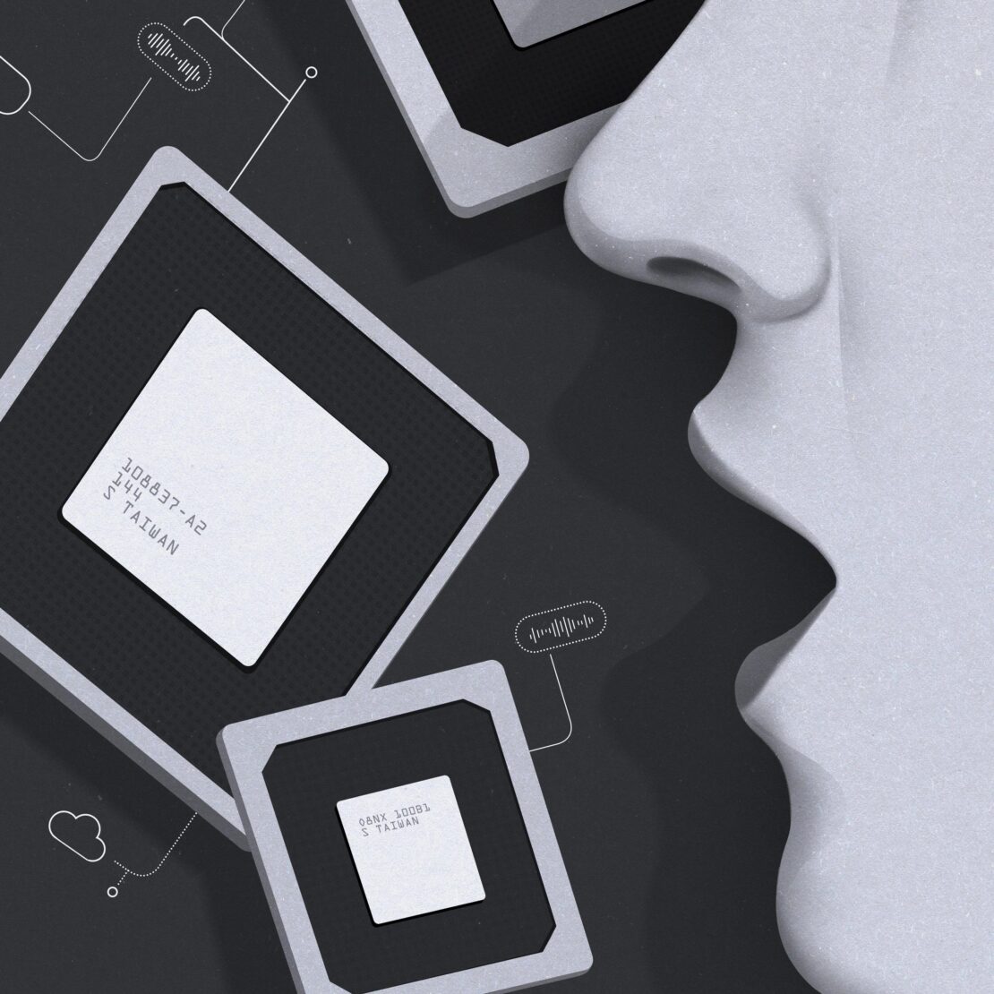 AI rendering with computer chips, a partially visible human face in profile, and technology-themed graphic elements on a gray background.