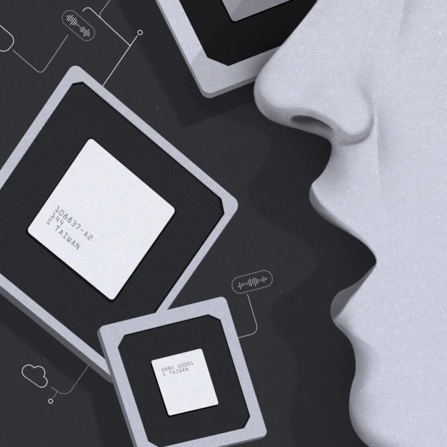 AI rendering with computer chips, a partially visible human face in profile, and technology-themed graphic elements on a gray background.
