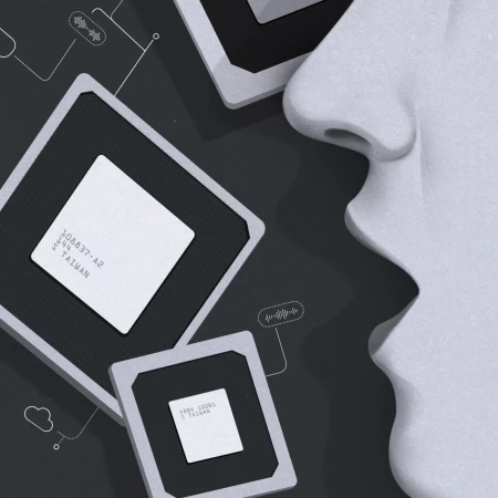 AI rendering with computer chips, a partially visible human face in profile, and technology-themed graphic elements on a gray background.