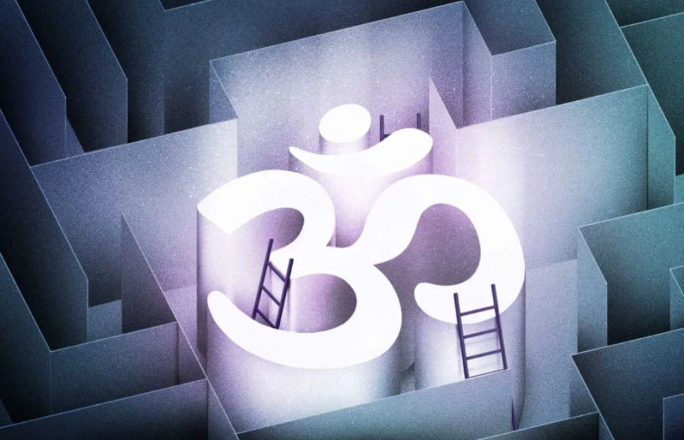 A stylized 3D rendering features a white Om symbol within a maze, accented by small ladders, creating a graphic design with spiritual themes.