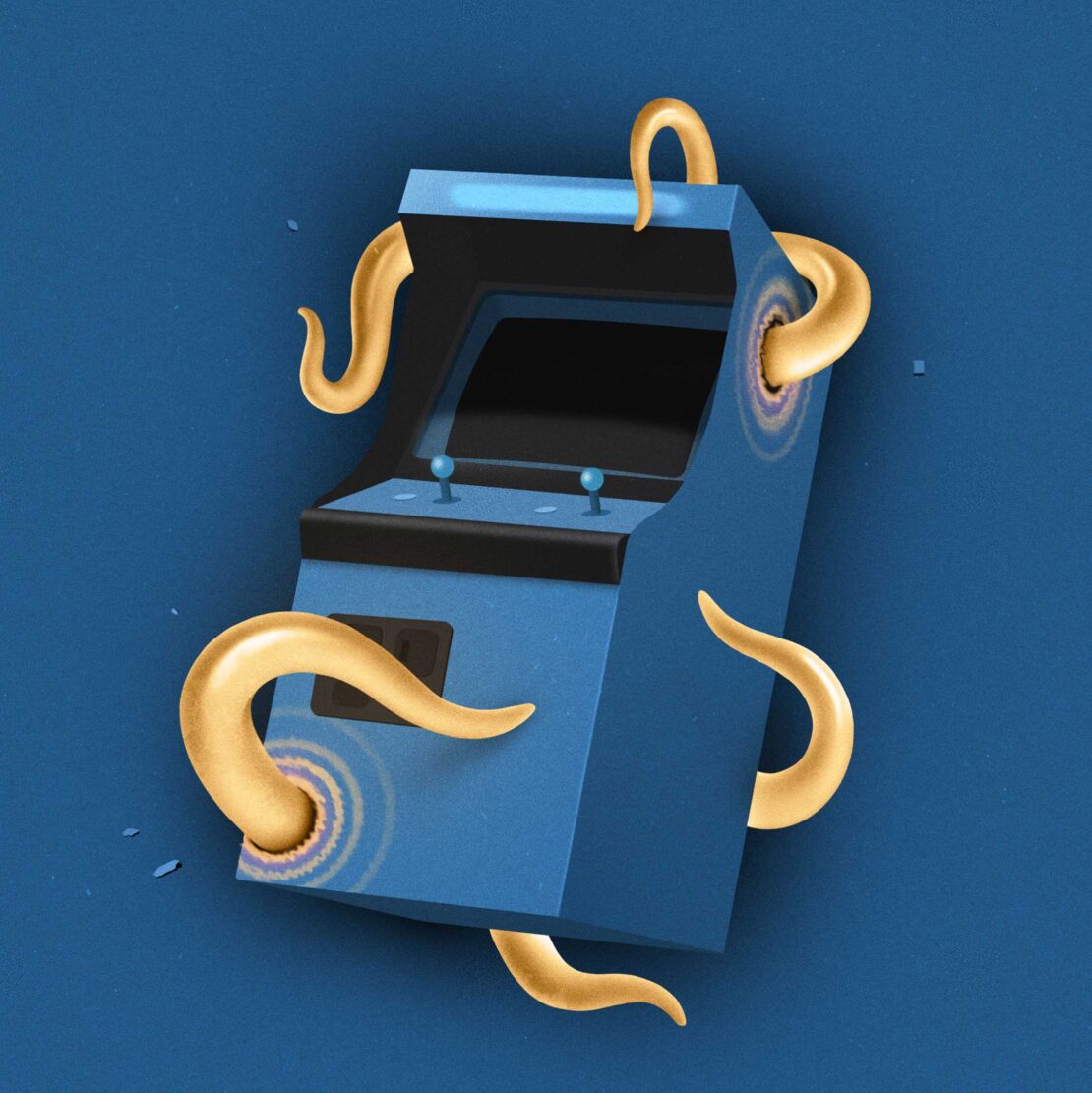 Illustration of a vintage blue arcade game machine with yellow tentacles emerging from the sides against a solid blue background.