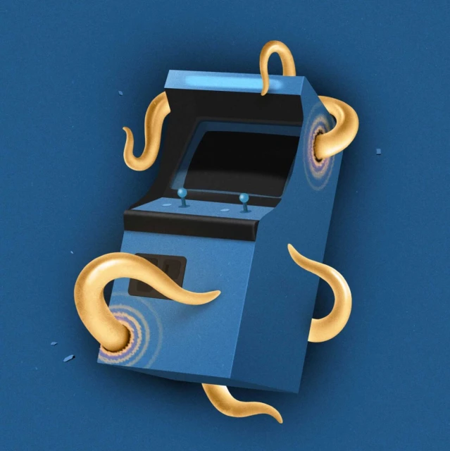 Illustration of a vintage blue arcade game machine with yellow tentacles emerging from the sides against a solid blue background.