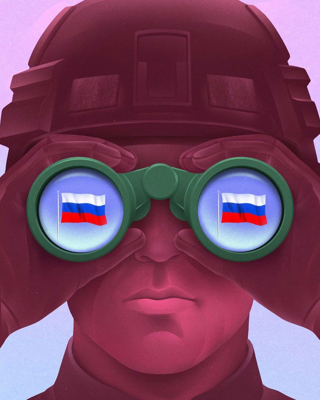 Illustration of a person in military gear looking through binoculars with Russian flags in the lenses, set against a blurred background.
