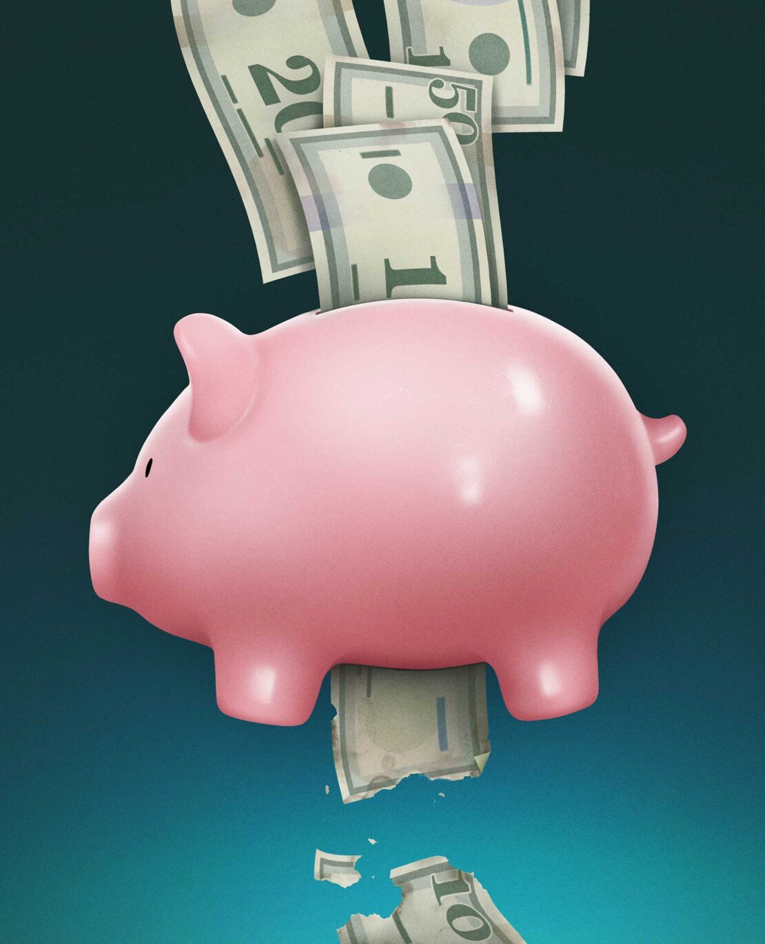 Piggy bank with money falling in, and broken piggy bank with money underneath on gradient blue background. Financial concept.