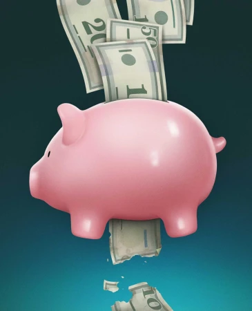 Piggy bank with money falling in, and broken piggy bank with money underneath on gradient blue background. Financial concept.
