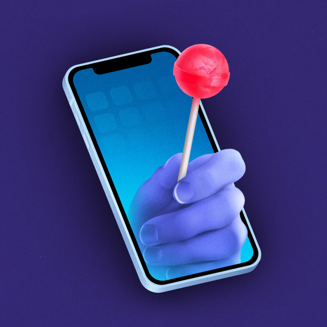 Digital rendering of a mobile phone displaying a blue screen with a purple hand holding a red lollipop, set against a dark purple backdrop.