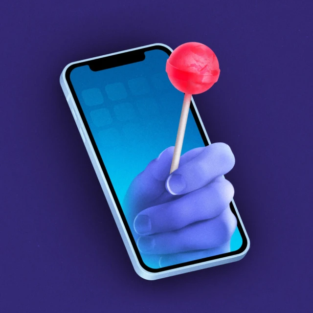 Digital rendering of a mobile phone displaying a blue screen with a purple hand holding a red lollipop, set against a dark purple backdrop.