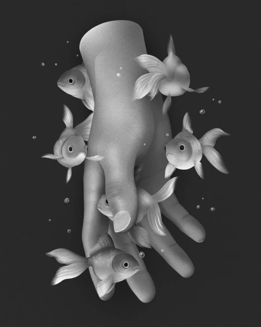 Digital art of a grayscale hand surrounded by golden fish and bubbles against a dark gray background, creating an illustrative aesthetic.