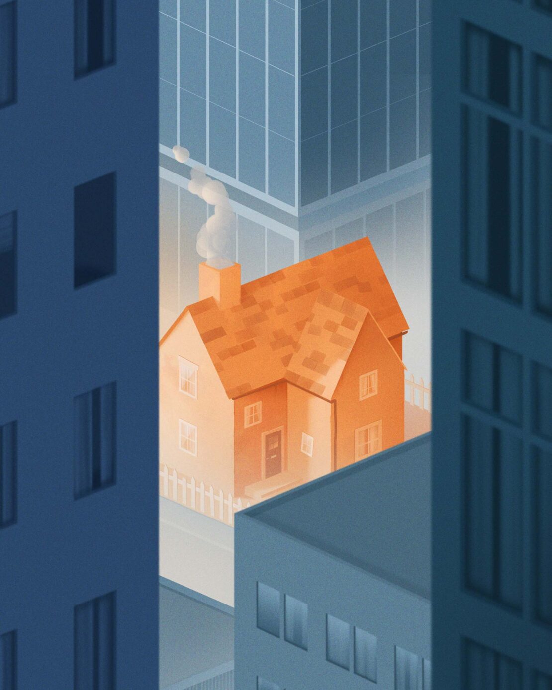 Illustration of an orange house with a smoking chimney nestled between tall blue office buildings in a modern urban environment.