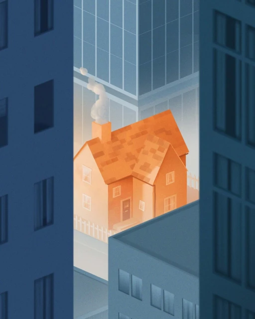 Illustration of an orange house with a smoking chimney nestled between tall blue office buildings in a modern urban environment.