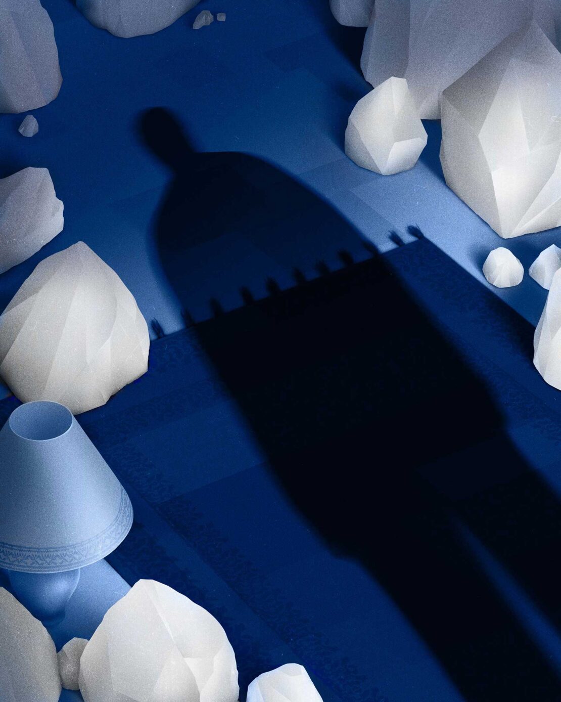 Abstract art featuring a dark human shadow cast across a blue surface, surrounded by white polygonal rock-like forms and soft blue light.